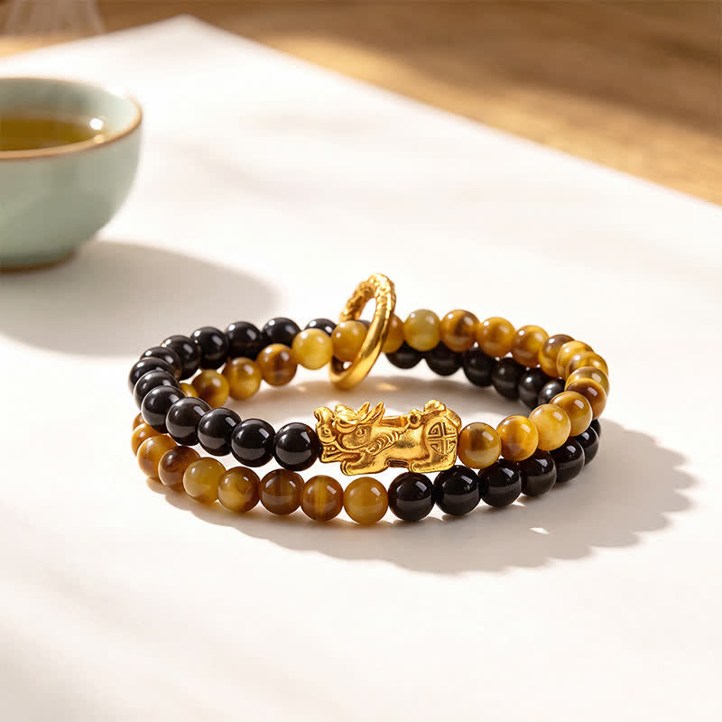 Buddha Stones Tigerauge Silberglanz Obsidian Pi Xiu Doppelwickel-Armband für Glück und Wohlstand - Gelbes Tigerauge Goldener Pi Xiu - image 0