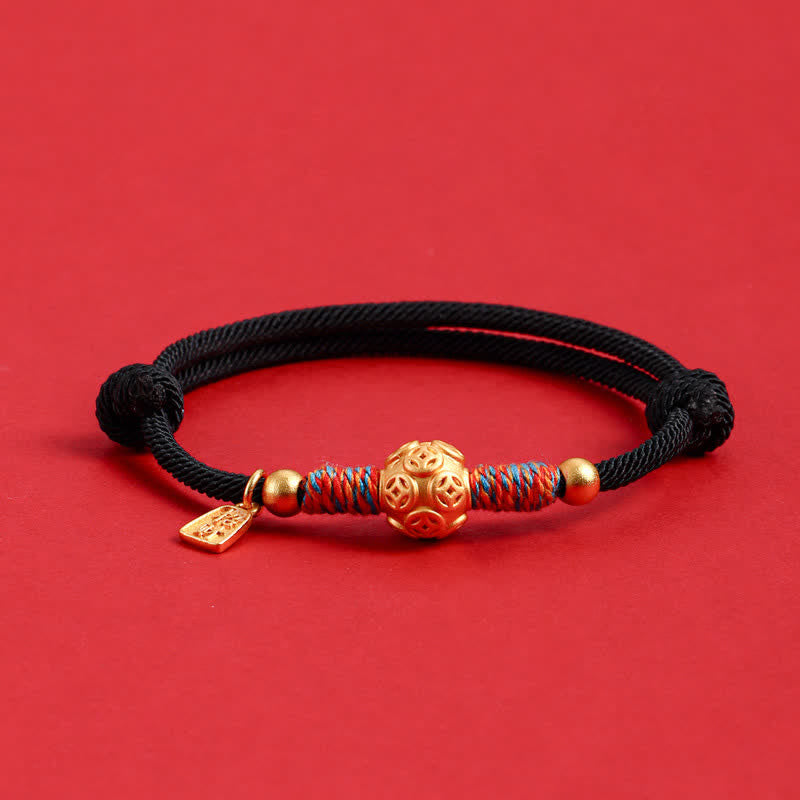 Buddha Stones Handgewebtes Armband aus 999er Sterlingsilber mit rotem Faden zum Schutz - Goldene chinesische Münze, schwarze Kordel - image 16