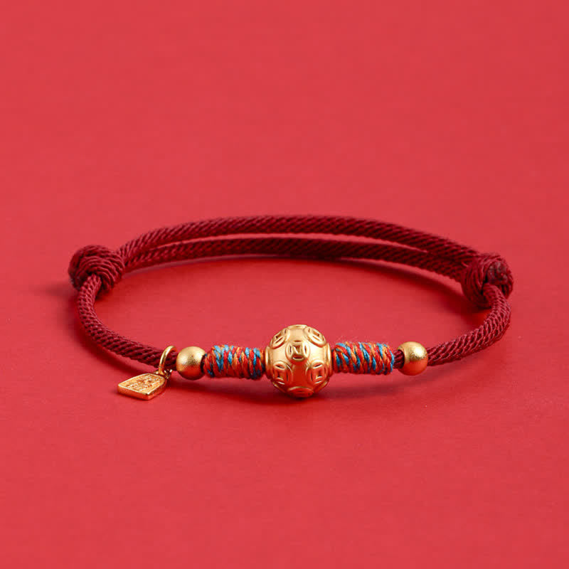 Buddha Stones Handgewebtes Armband aus 999er Sterlingsilber mit rotem Faden zum Schutz - Goldene chinesische Münze, dunkelrote Kordel - image 12