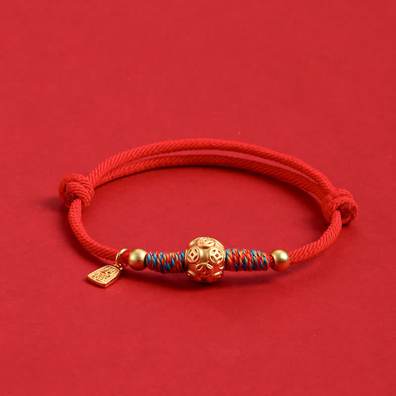 Buddha Stones Handgewebtes Armband aus 999er Sterlingsilber mit rotem Faden zum Schutz - Goldene chinesische Münze, rote Schnur - image 1