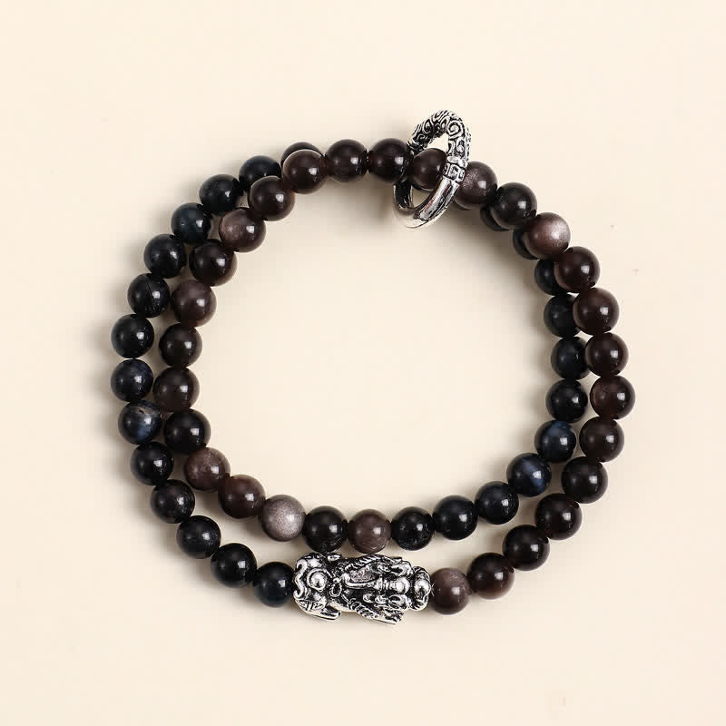 Buddha Stones Tigerauge Silberglanz Obsidian Pi Xiu Doppelwickel-Armband für Glück und Wohlstand - Blaues Tigerauge, Silberner Pi Xiu - image 9