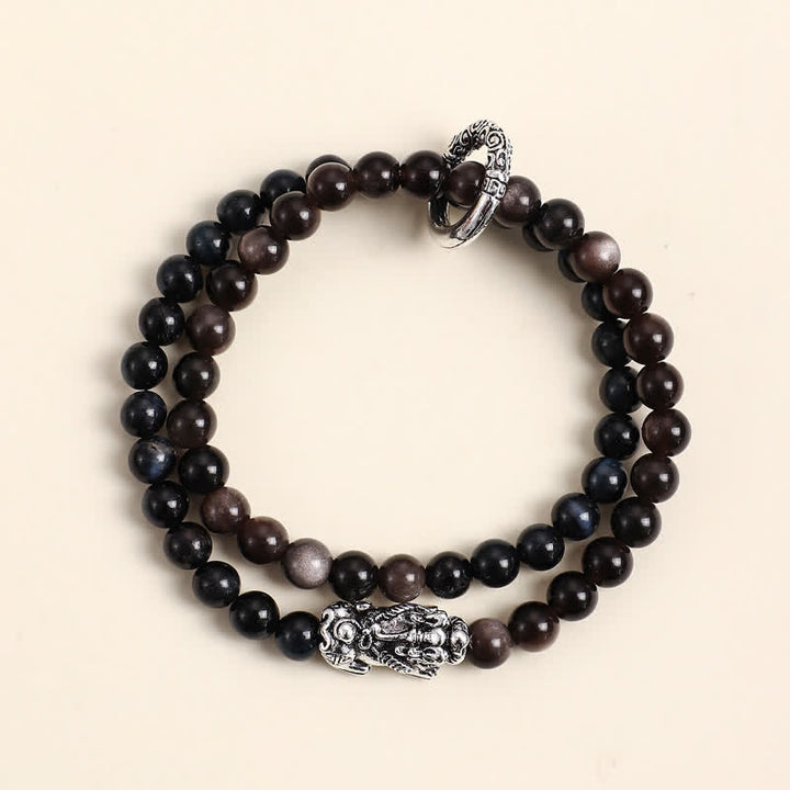 Buddha Stones Tigerauge Silberglanz Obsidian Pi Xiu Doppelwickel-Armband für Glück und Wohlstand - Blaues Tigerauge, Silberner Pi Xiu - image 9