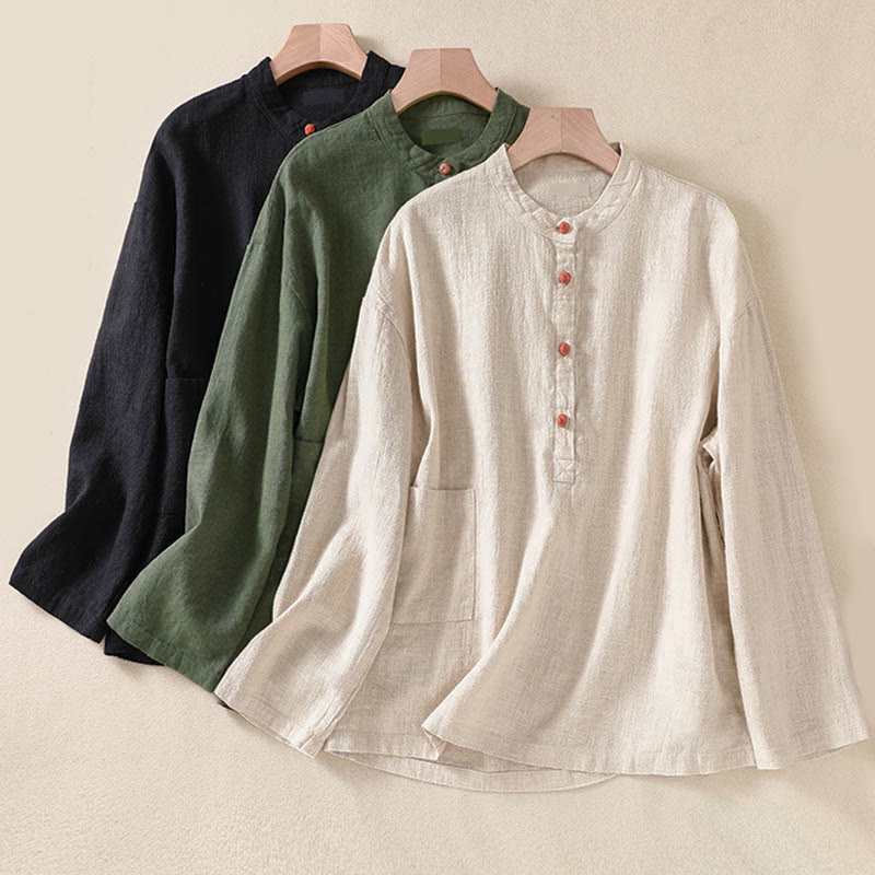 Buddha Stones Casual Button Crew Neck Damen Langarmshirt mit Taschen - image 26
