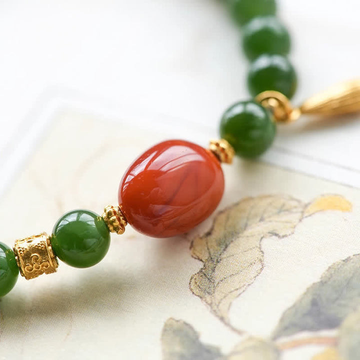 Buddha Stones Spinatgrünes Hetian-Jade-Rotachat-Glücksarmband - image 12