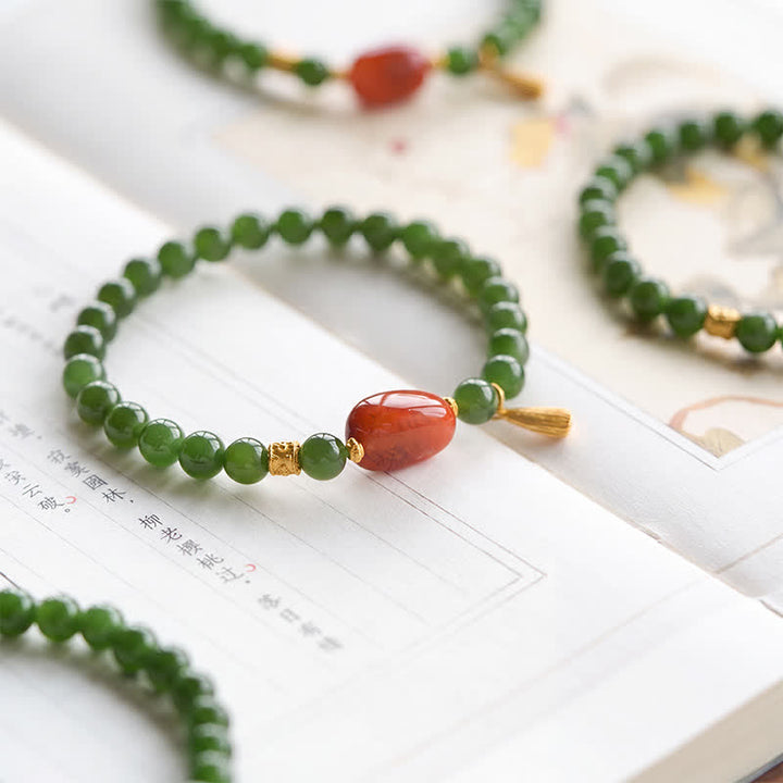 Buddha Stones Spinatgrünes Hetian-Jade-Rotachat-Glücksarmband - Natürlicher Jade (Handgelenkumfang: 14–15 cm) - image 0