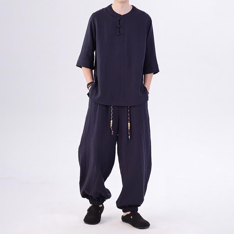 Buddha Stones Frühling/Sommer Tang Style Froschknopfleiste, einfarbiges Hemd und Hose mit Ellbogenlänge, Meditationstuch für Herren mit Tasche - Mitternachtsblau - US/ UK/AU46, EU56 (5XL) - image 40