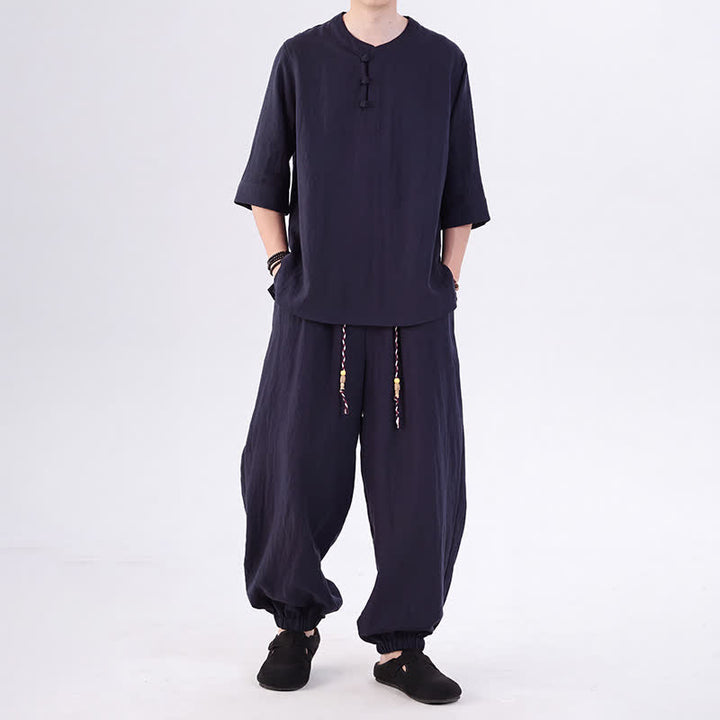 Buddha Stones Frühling/Sommer Tang Style Froschknopfleiste, einfarbiges Hemd und Hose mit Ellbogenlänge, Meditationstuch für Herren mit Tasche - Mitternachtsblau - US/ UK/AU46, EU56 (5XL) - image 40