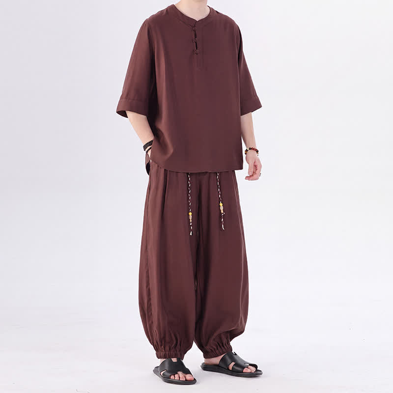 Buddha Stones Frühling/Sommer Tang Style Froschknopfleiste, einfarbiges Hemd und Hose mit Ellbogenlänge, Meditationstuch für Herren mit Tasche - image 39