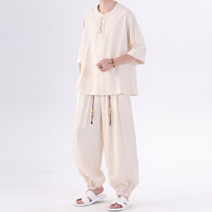 Buddha Stones Frühling/Sommer Tang Style Froschknopfleiste, einfarbiges Hemd und Hose mit Ellbogenlänge, Meditationstuch für Herren mit Tasche - image 3