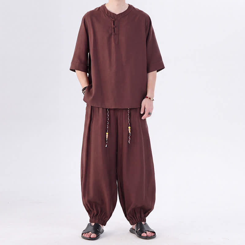 Buddha Stones Frühling/Sommer Tang Style Froschknopfleiste, einfarbiges Hemd und Hose mit Ellbogenlänge, Meditationstuch für Herren mit Tasche - image 36
