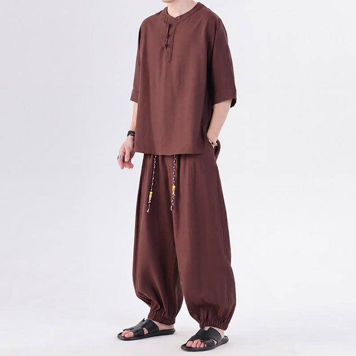 Buddha Stones Frühling/Sommer Tang Style Froschknopfleiste, einfarbiges Hemd und Hose mit Ellbogenlänge, Meditationstuch für Herren mit Tasche - image 38