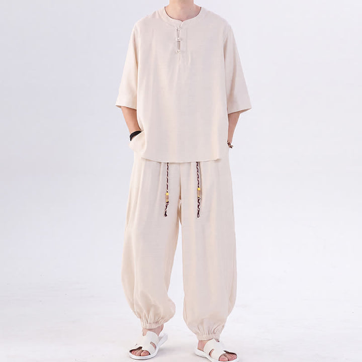 Buddha Stones Frühling/Sommer Tang Style Froschknopfleiste, einfarbiges Hemd und Hose mit Ellbogenlänge, Meditationstuch für Herren mit Tasche - image 4