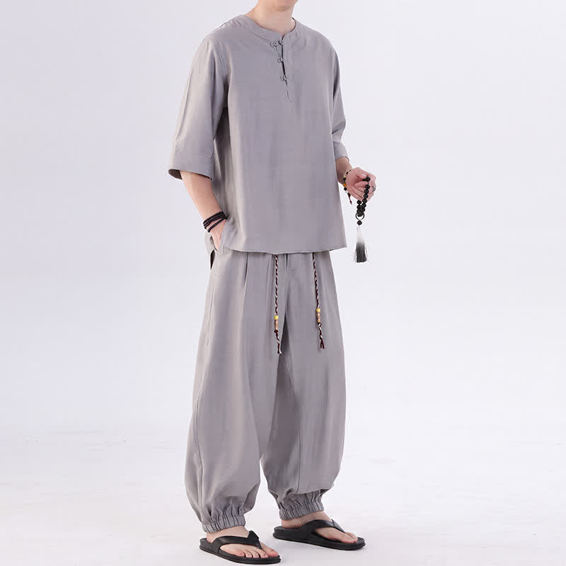 Buddha Stones Frühling/Sommer Tang Style Froschknopfleiste, einfarbiges Hemd und Hose mit Ellbogenlänge, Meditationstuch für Herren mit Tasche - image 13