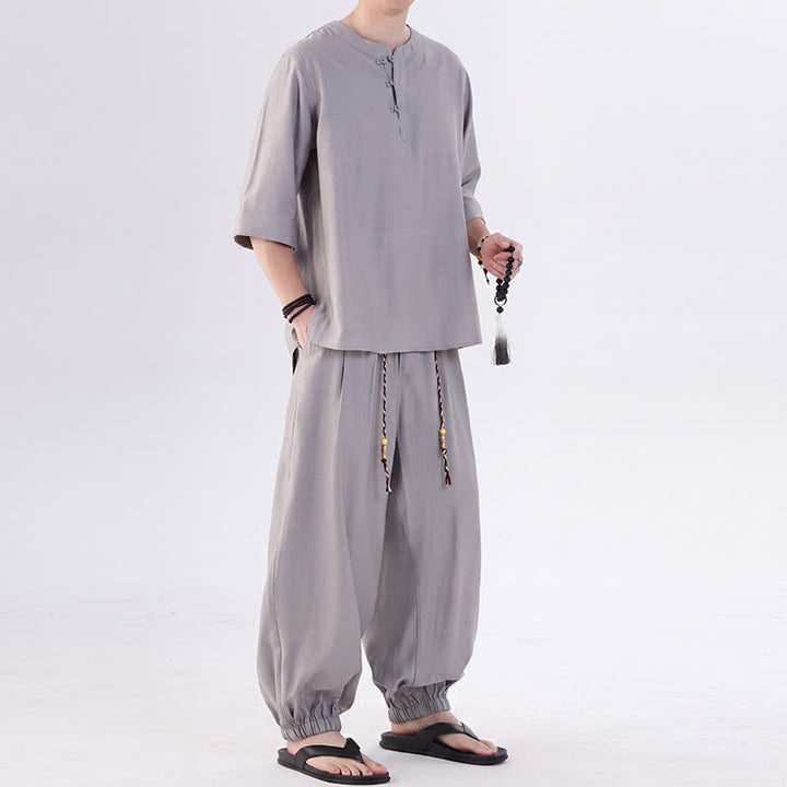 Buddha Stones Frühling/Sommer Tang Style Froschknopfleiste, einfarbiges Hemd und Hose mit Ellbogenlänge, Meditationstuch für Herren mit Tasche - image 13