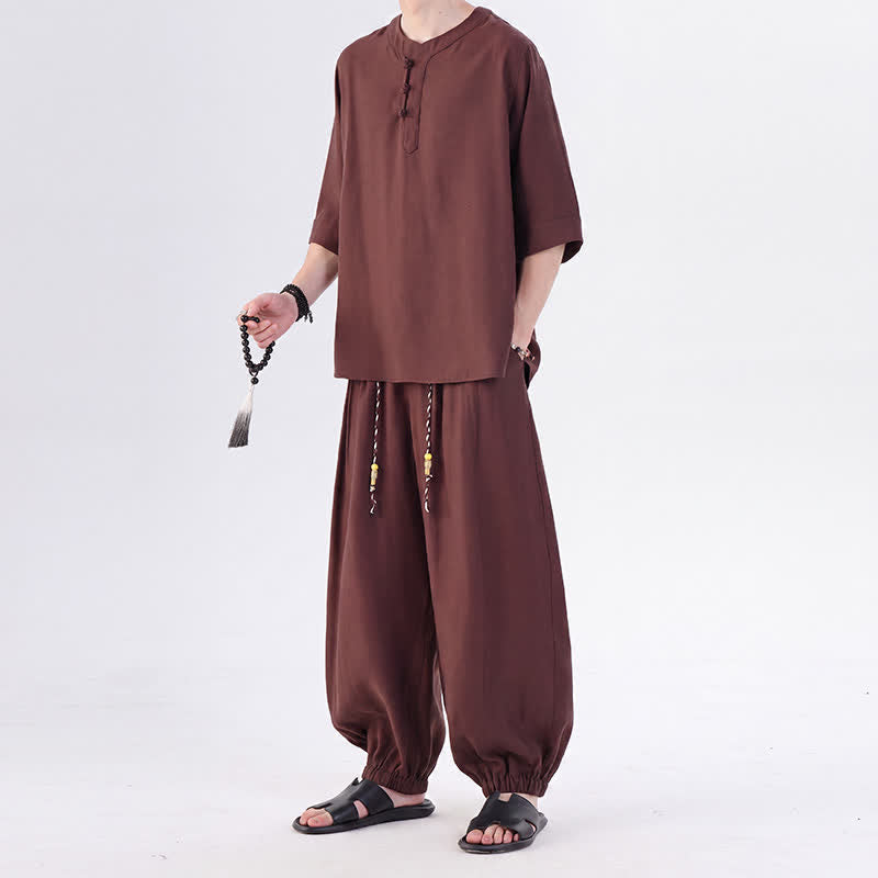 Buddha Stones Frühling/Sommer Tang Style Froschknopfleiste, einfarbiges Hemd und Hose mit Ellbogenlänge, Meditationstuch für Herren mit Tasche - image 35