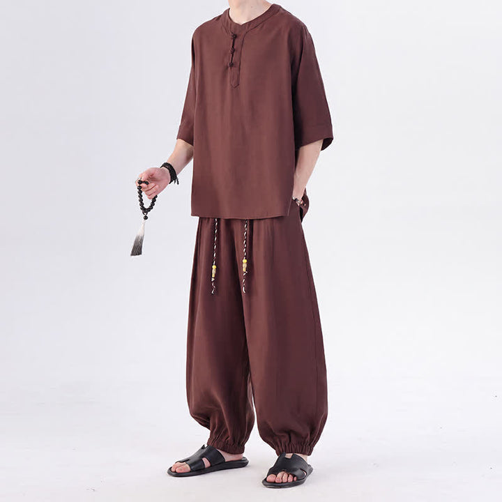Buddha Stones Frühling/Sommer Tang Style Froschknopfleiste, einfarbiges Hemd und Hose mit Ellbogenlänge, Meditationstuch für Herren mit Tasche - image 35