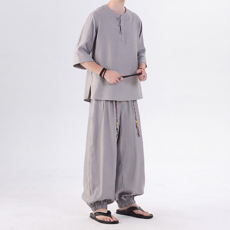 Buddha Stones Frühling/Sommer Tang Style Froschknopfleiste, einfarbiges Hemd und Hose mit Ellbogenlänge, Meditationstuch für Herren mit Tasche - image 18