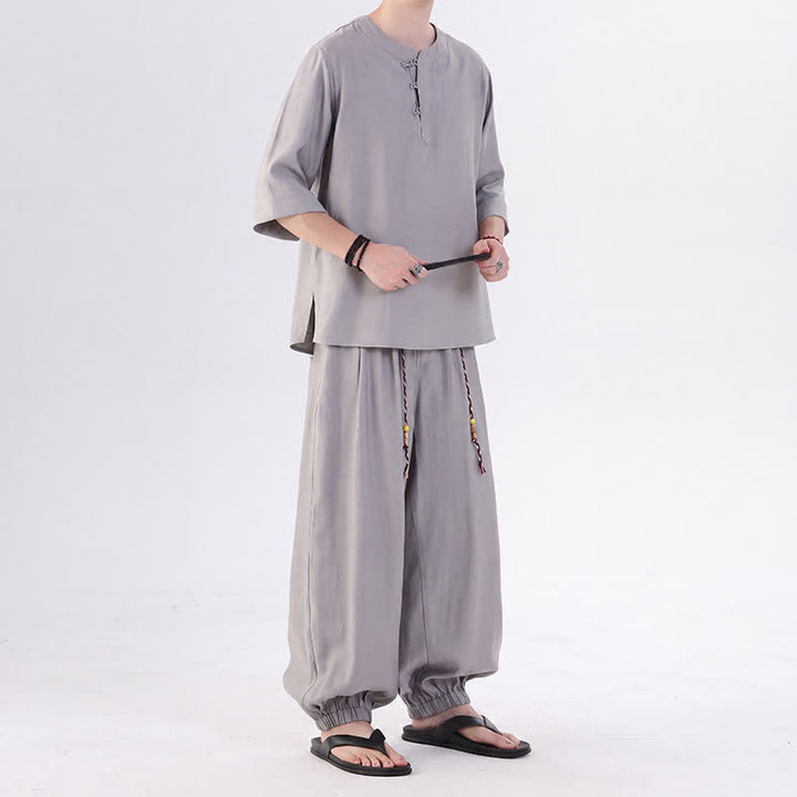 Buddha Stones Frühling/Sommer Tang Style Froschknopfleiste, einfarbiges Hemd und Hose mit Ellbogenlänge, Meditationstuch für Herren mit Tasche - image 18