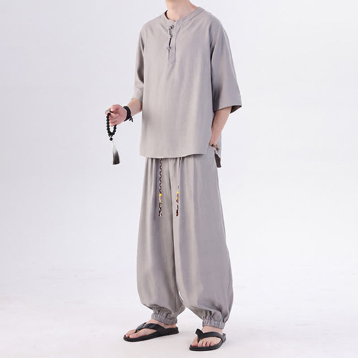 Buddha Stones Frühling/Sommer Tang Style Froschknopfleiste, einfarbiges Hemd und Hose mit Ellbogenlänge, Meditationstuch für Herren mit Tasche - image 14