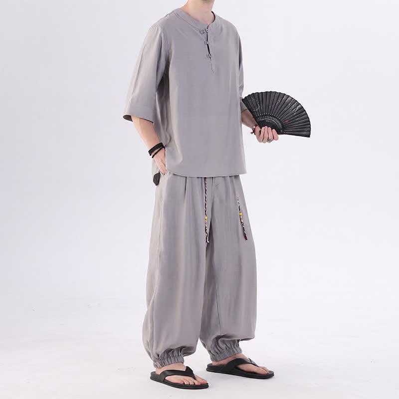 Buddha Stones Frühling/Sommer Tang Style Froschknopfleiste, einfarbiges Hemd und Hose mit Ellbogenlänge, Meditationstuch für Herren mit Tasche - image 16