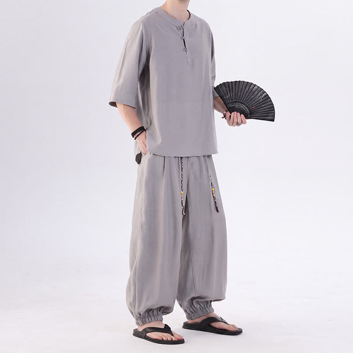 Buddha Stones Frühling/Sommer Tang Style Froschknopfleiste, einfarbiges Hemd und Hose mit Ellbogenlänge, Meditationstuch für Herren mit Tasche - image 16