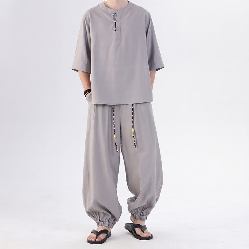 Buddha Stones Frühling/Sommer Tang Style Froschknopfleiste, einfarbiges Hemd und Hose mit Ellbogenlänge, Meditationstuch für Herren mit Tasche - Silber - US/ UK/AU46, EU56 (5XL) - image 11