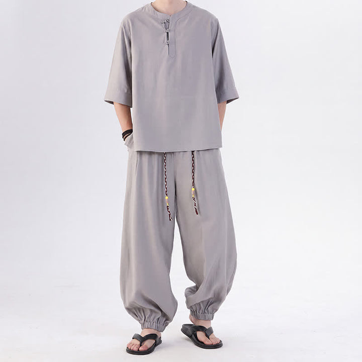 Buddha Stones Frühling/Sommer Tang Style Froschknopfleiste, einfarbiges Hemd und Hose mit Ellbogenlänge, Meditationstuch für Herren mit Tasche - Silber - US/ UK/AU46, EU56 (5XL) - image 11