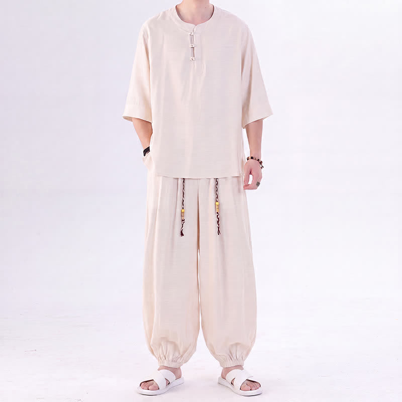 Buddha Stones Frühling/Sommer Tang Style Froschknopfleiste, einfarbiges Hemd und Hose mit Ellbogenlänge, Meditationstuch für Herren mit Tasche - image 1