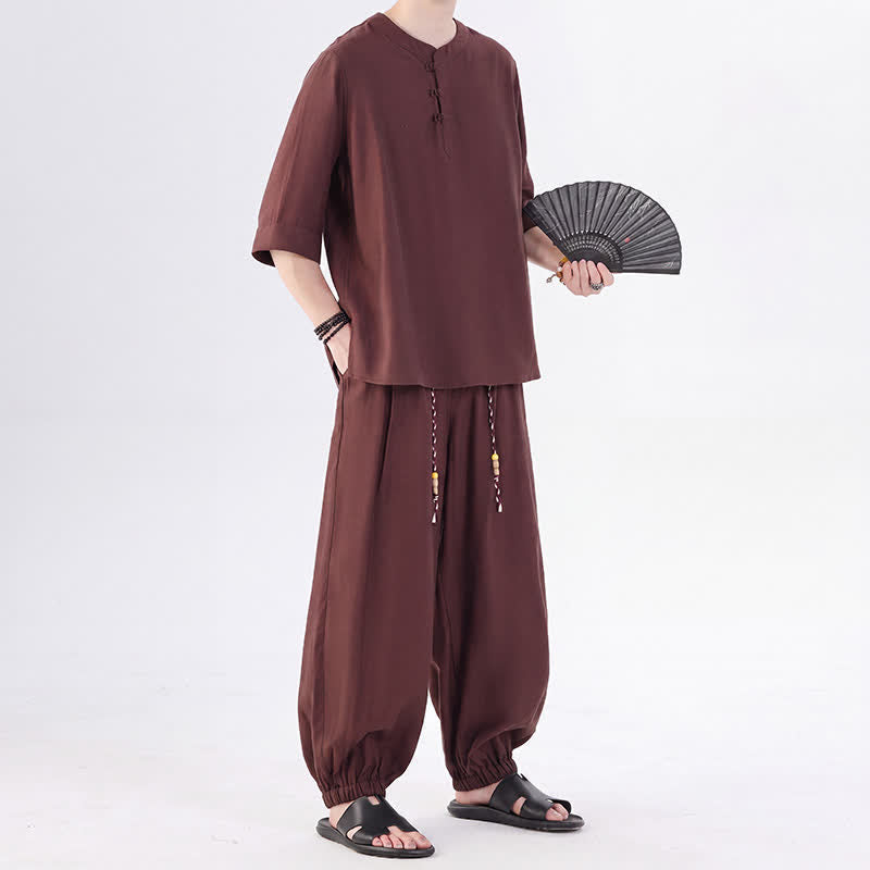 Buddha Stones Frühling/Sommer Tang Style Froschknopfleiste, einfarbiges Hemd und Hose mit Ellbogenlänge, Meditationstuch für Herren mit Tasche - image 31