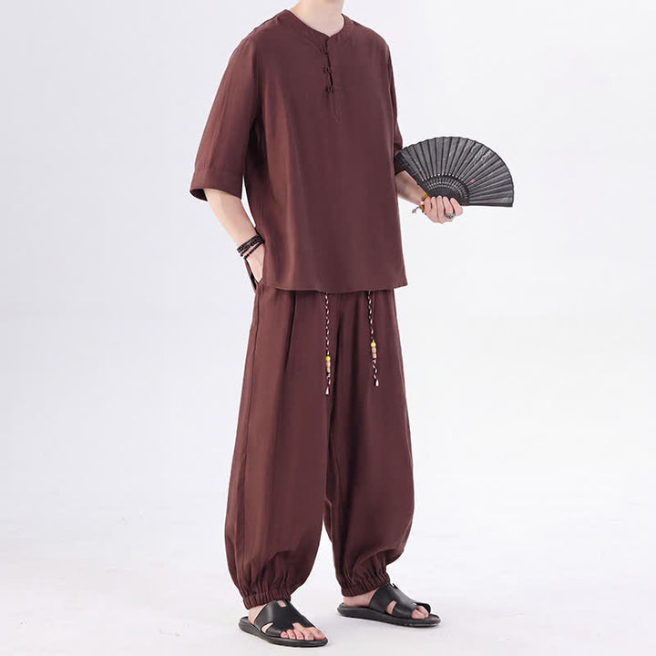 Buddha Stones Frühling/Sommer Tang Style Froschknopfleiste, einfarbiges Hemd und Hose mit Ellbogenlänge, Meditationstuch für Herren mit Tasche - image 31