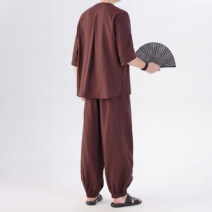 Buddha Stones Frühling/Sommer Tang Style Froschknopfleiste, einfarbiges Hemd und Hose mit Ellbogenlänge, Meditationstuch für Herren mit Tasche - image 33