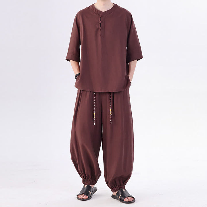 Buddha Stones Frühling/Sommer Tang Style Froschknopfleiste, einfarbiges Hemd und Hose mit Ellbogenlänge, Meditationstuch für Herren mit Tasche - Sienna - US/ UK/AU46, EU56 (5XL) - image 30