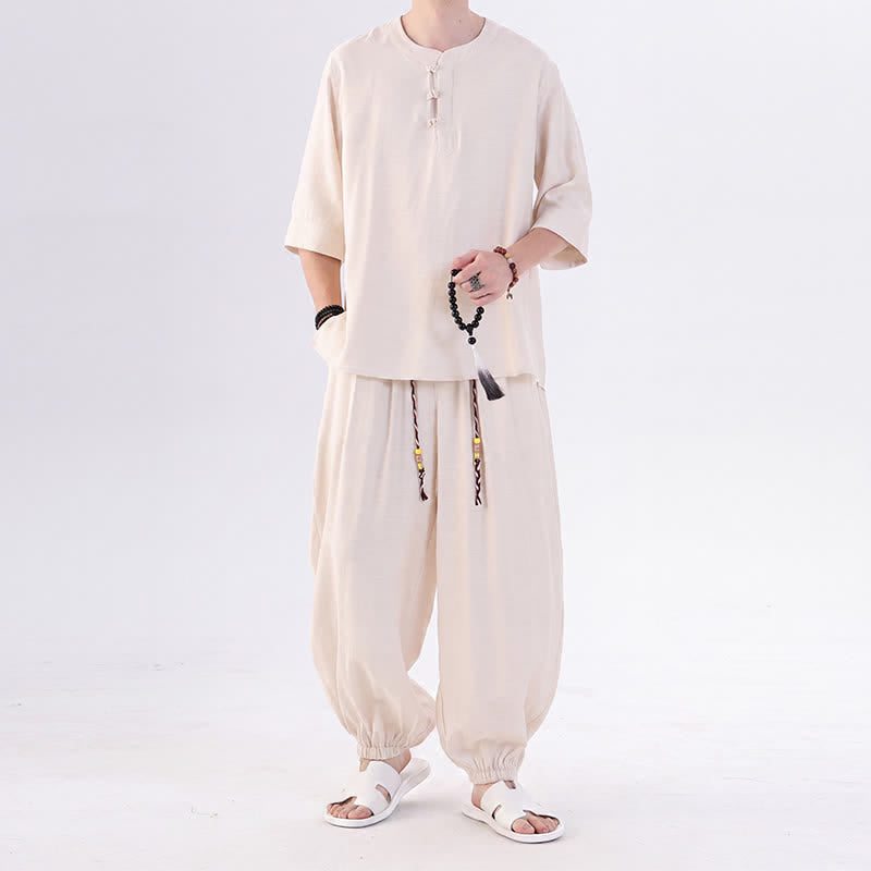 Buddha Stones Frühling/Sommer Tang Style Froschknopfleiste, einfarbiges Hemd und Hose mit Ellbogenlänge, Meditationstuch für Herren mit Tasche - Antikweiß - US/ UK/AU46, EU56 (5XL) - image 0