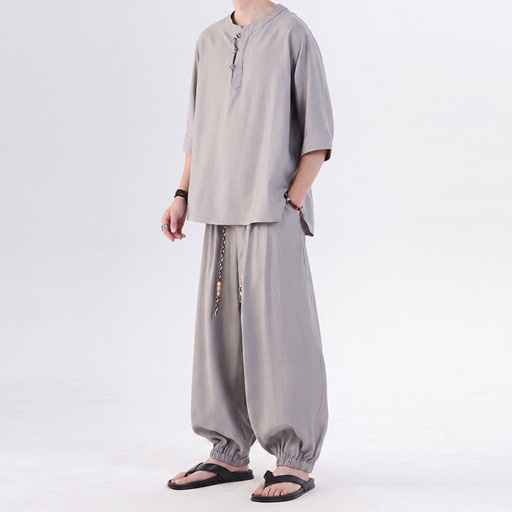 Buddha Stones Frühling/Sommer Tang Style Froschknopfleiste, einfarbiges Hemd und Hose mit Ellbogenlänge, Meditationstuch für Herren mit Tasche - image 15