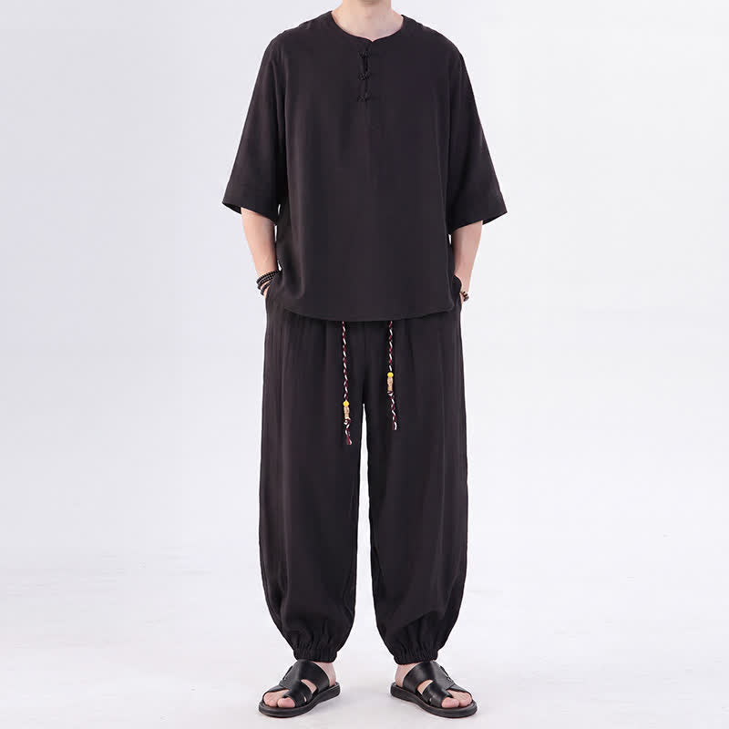 Buddha Stones Frühling/Sommer Tang Style Froschknopfleiste, einfarbiges Hemd und Hose mit Ellbogenlänge, Meditationstuch für Herren mit Tasche - Schwarz - US/ UK/AU46, EU56 (5XL) - image 20