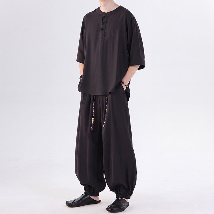 Buddha Stones Frühling/Sommer Tang Style Froschknopfleiste, einfarbiges Hemd und Hose mit Ellbogenlänge, Meditationstuch für Herren mit Tasche - image 21