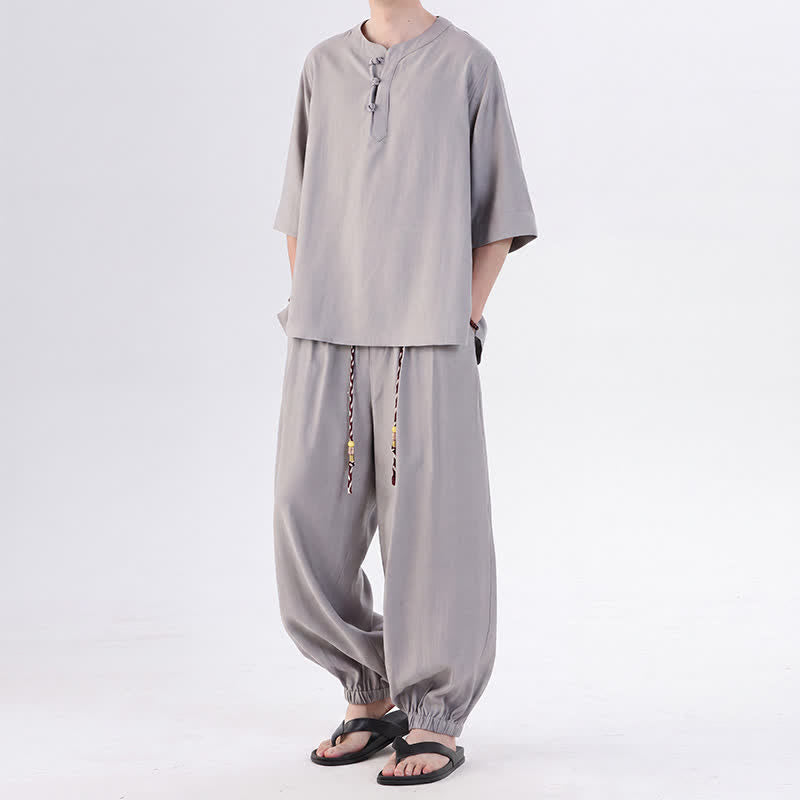 Buddha Stones Frühling/Sommer Tang Style Froschknopfleiste, einfarbiges Hemd und Hose mit Ellbogenlänge, Meditationstuch für Herren mit Tasche - image 12