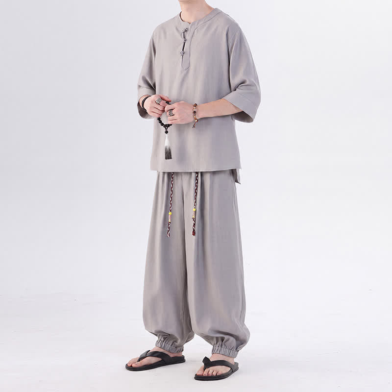 Buddha Stones Frühling/Sommer Tang Style Froschknopfleiste, einfarbiges Hemd und Hose mit Ellbogenlänge, Meditationstuch für Herren mit Tasche - image 19