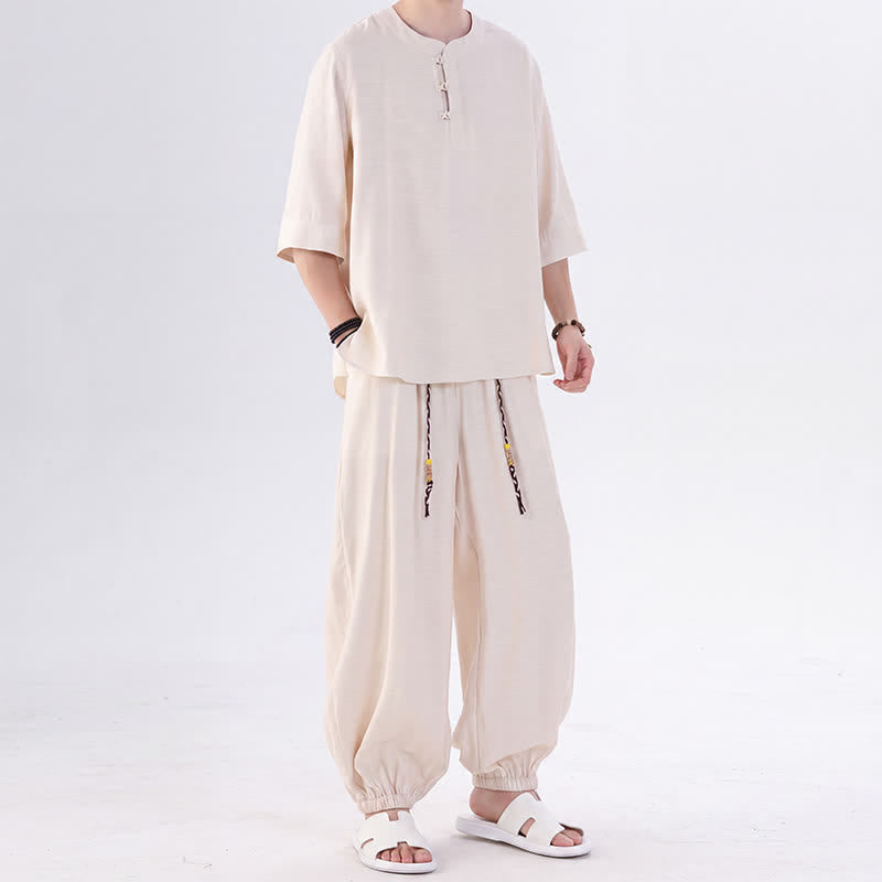 Buddha Stones Frühling/Sommer Tang Style Froschknopfleiste, einfarbiges Hemd und Hose mit Ellbogenlänge, Meditationstuch für Herren mit Tasche - image 5