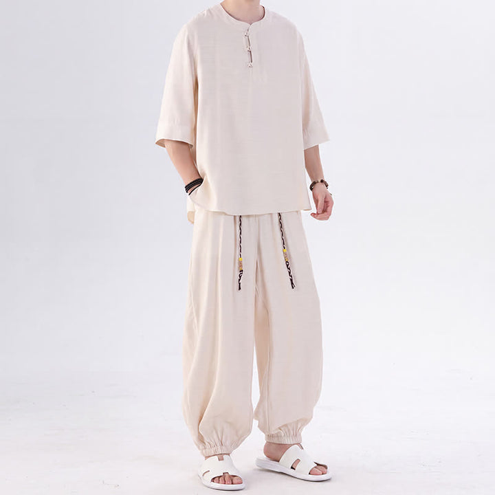 Buddha Stones Frühling/Sommer Tang Style Froschknopfleiste, einfarbiges Hemd und Hose mit Ellbogenlänge, Meditationstuch für Herren mit Tasche - image 5
