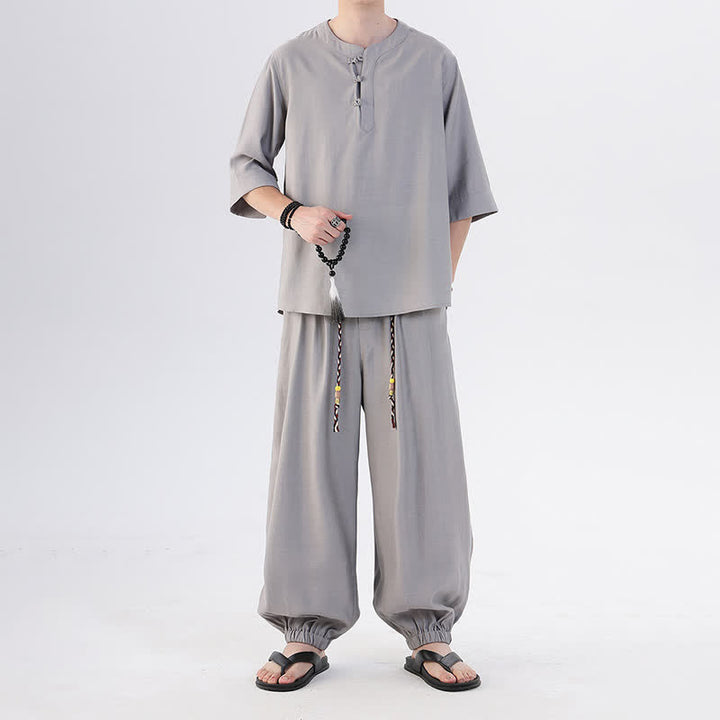 Buddha Stones Frühling/Sommer Tang Style Froschknopfleiste, einfarbiges Hemd und Hose mit Ellbogenlänge, Meditationstuch für Herren mit Tasche - image 17
