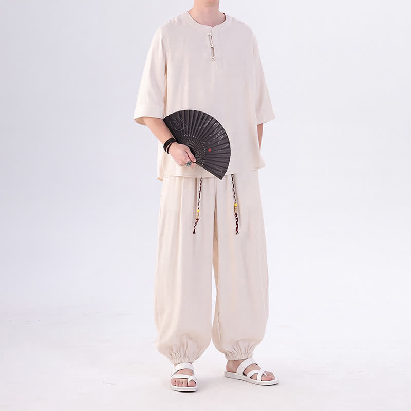 Buddha Stones Frühling/Sommer Tang Style Froschknopfleiste, einfarbiges Hemd und Hose mit Ellbogenlänge, Meditationstuch für Herren mit Tasche - image 6