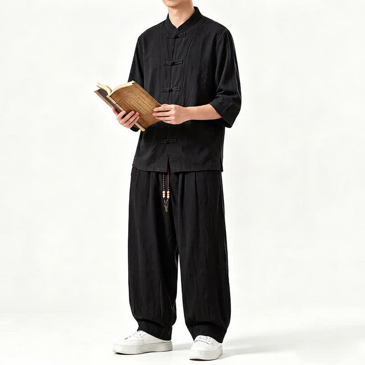Buddha Stones Meditationshemd und -hose im Tang-Stil für Frühling und Sommer mit Froschknopfleiste, Dreiviertelärmeln und Tasche - image 13