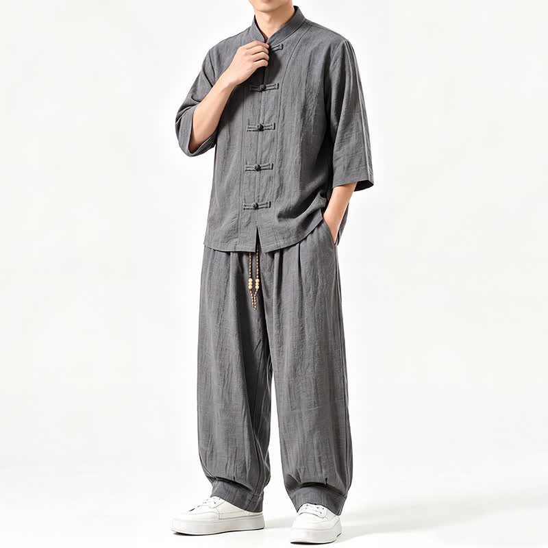 Buddha Stones Meditationshemd und -hose im Tang-Stil für Frühling und Sommer mit Froschknopfleiste, Dreiviertelärmeln und Tasche - DimGray - US/ UK/AU46, EU56 (5XL) - image 0