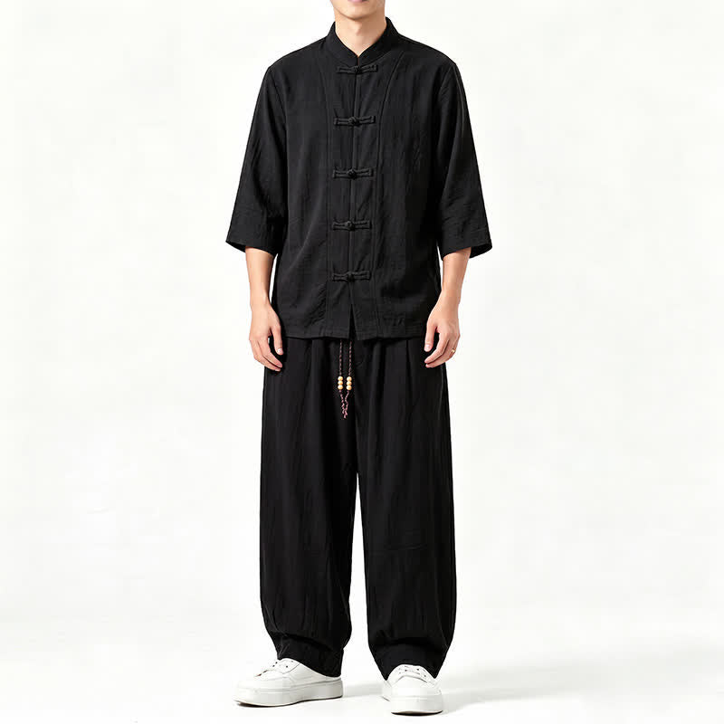 Buddha Stones Meditationshemd und -hose im Tang-Stil für Frühling und Sommer mit Froschknopfleiste, Dreiviertelärmeln und Tasche - Schwarz - US/ UK/AU46, EU56 (5XL) - image 10