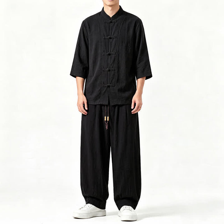 Buddha Stones Meditationshemd und -hose im Tang-Stil für Frühling und Sommer mit Froschknopfleiste, Dreiviertelärmeln und Tasche - Schwarz - US/ UK/AU46, EU56 (5XL) - image 10