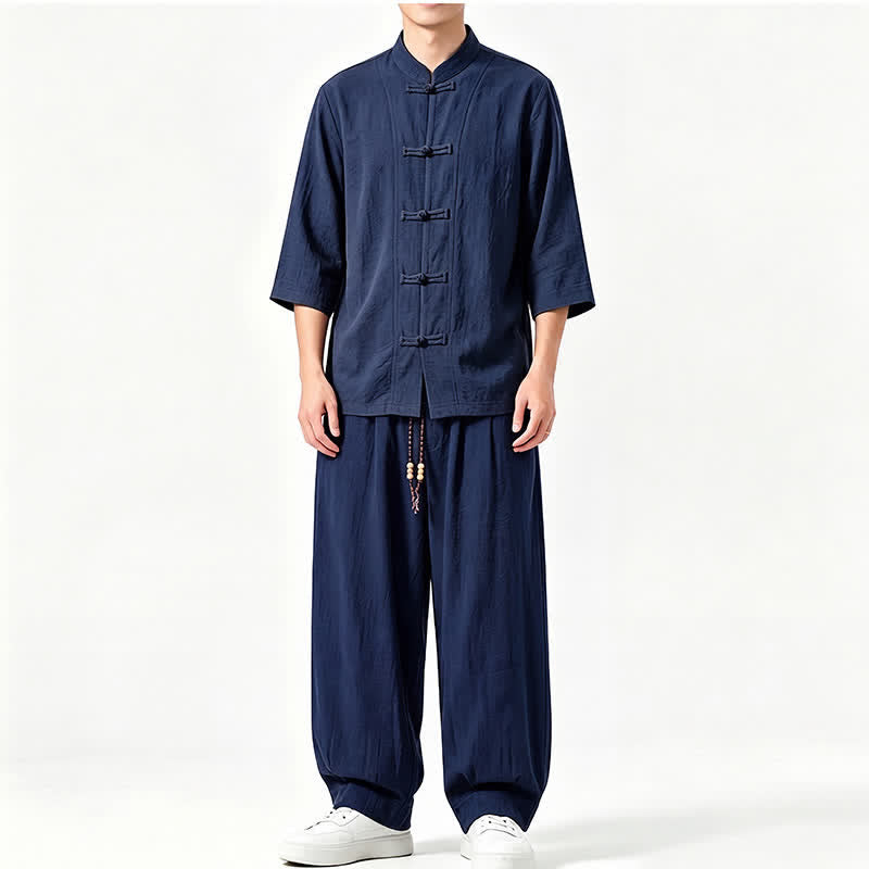 Buddha Stones Meditationshemd und -hose im Tang-Stil für Frühling und Sommer mit Froschknopfleiste, Dreiviertelärmeln und Tasche - Marine - US/ UK/AU46, EU56 (5XL) - image 15