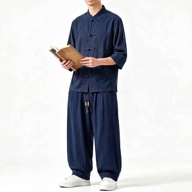 Buddha Stones Meditationshemd und -hose im Tang-Stil für Frühling und Sommer mit Froschknopfleiste, Dreiviertelärmeln und Tasche - image 17