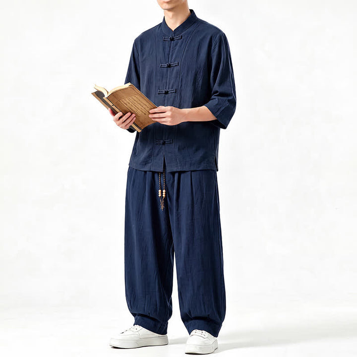 Buddha Stones Meditationshemd und -hose im Tang-Stil für Frühling und Sommer mit Froschknopfleiste, Dreiviertelärmeln und Tasche - image 17