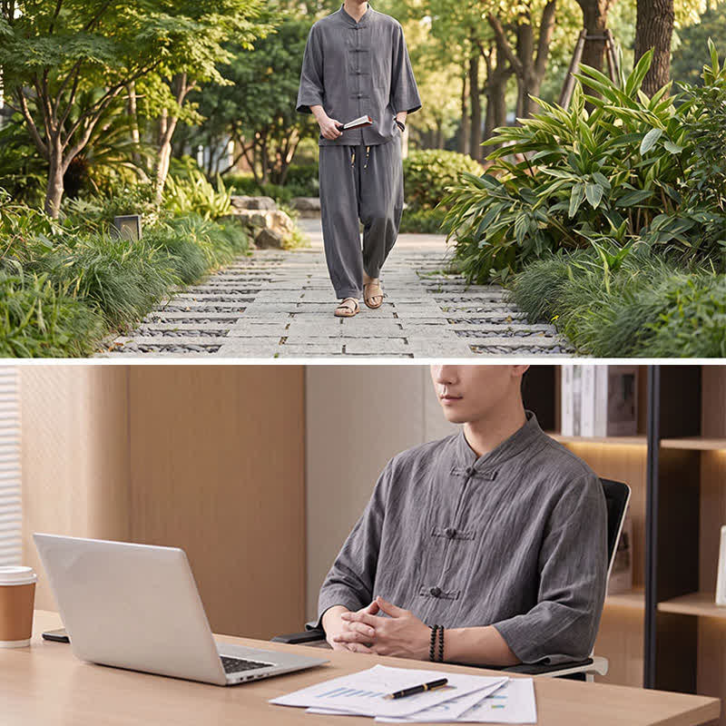 Buddha Stones Meditationshemd und -hose im Tang-Stil für Frühling und Sommer mit Froschknopfleiste, Dreiviertelärmeln und Tasche - image 8